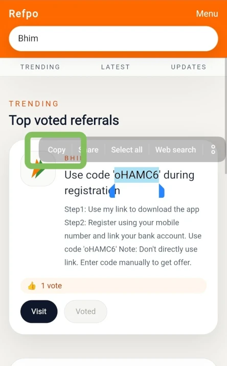 Copy Bhim referral link